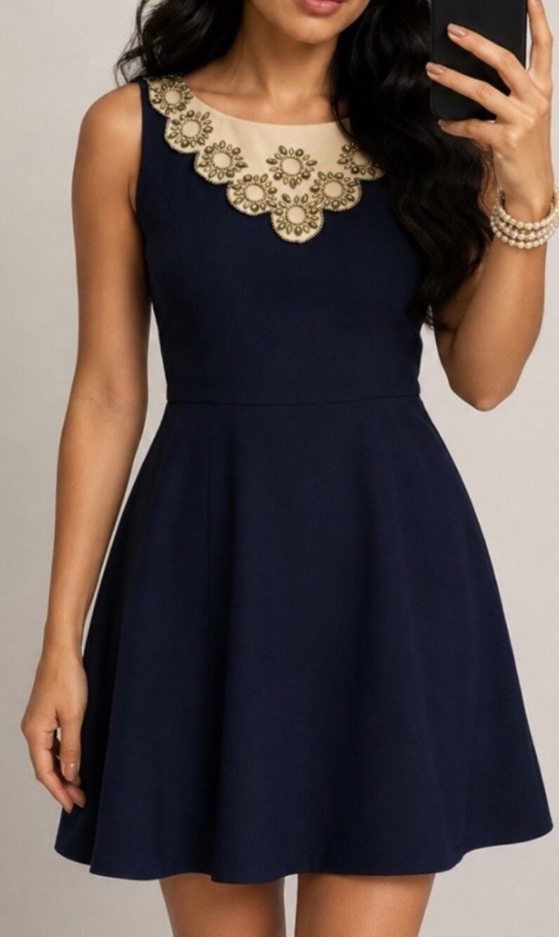 LILLY PULITZER Cotton NAVY BLUE Fitted BEADED DRESS with flared Skirt Womens S12